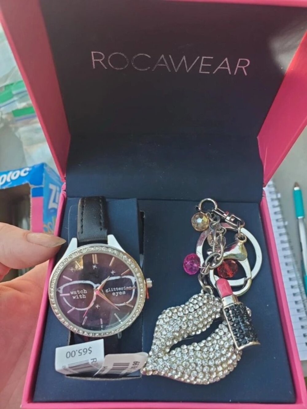 Rocawear Black and Silver Ladies Watch with Crystal Lip Keychain